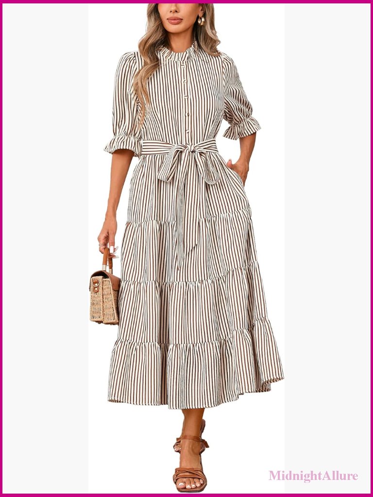 Striped Maxi Dress With Ruffle Collar - Flowy A-Line Beach Dress